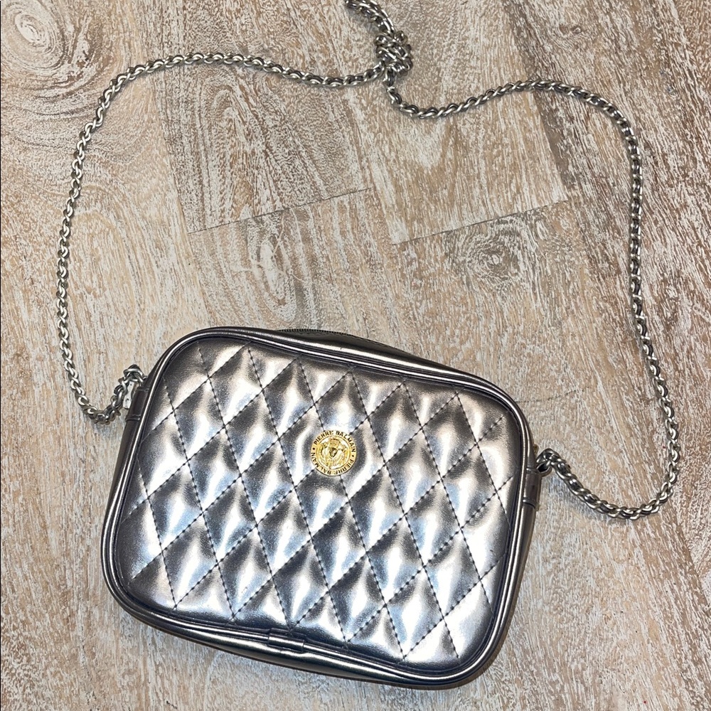 Vintage Pierre Balmain Quilted Metallic Pewter Crossbody Bag - Made in USA